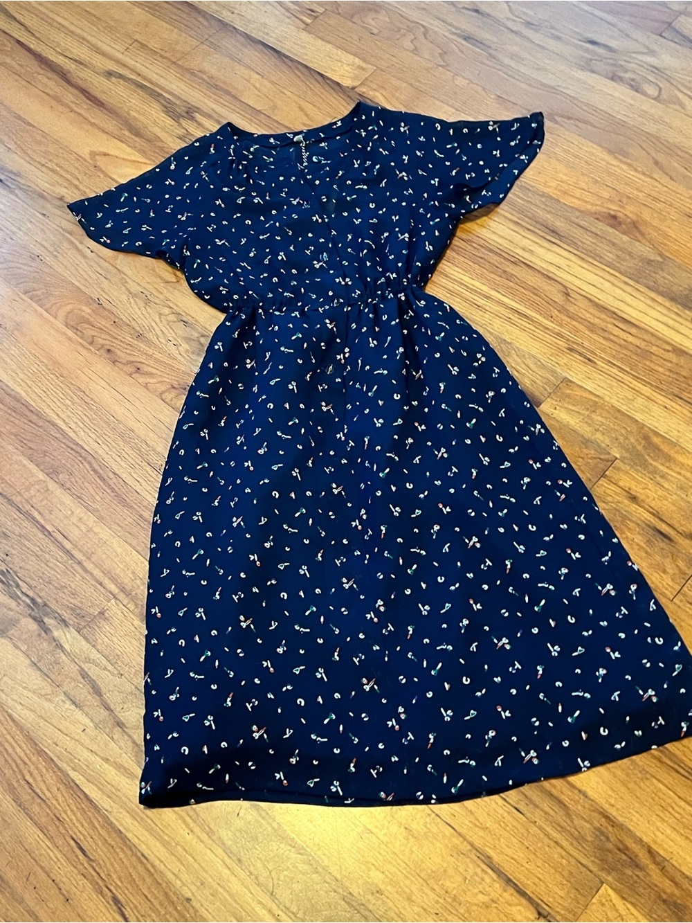 Vintage Navy Blue Print Midi Dress